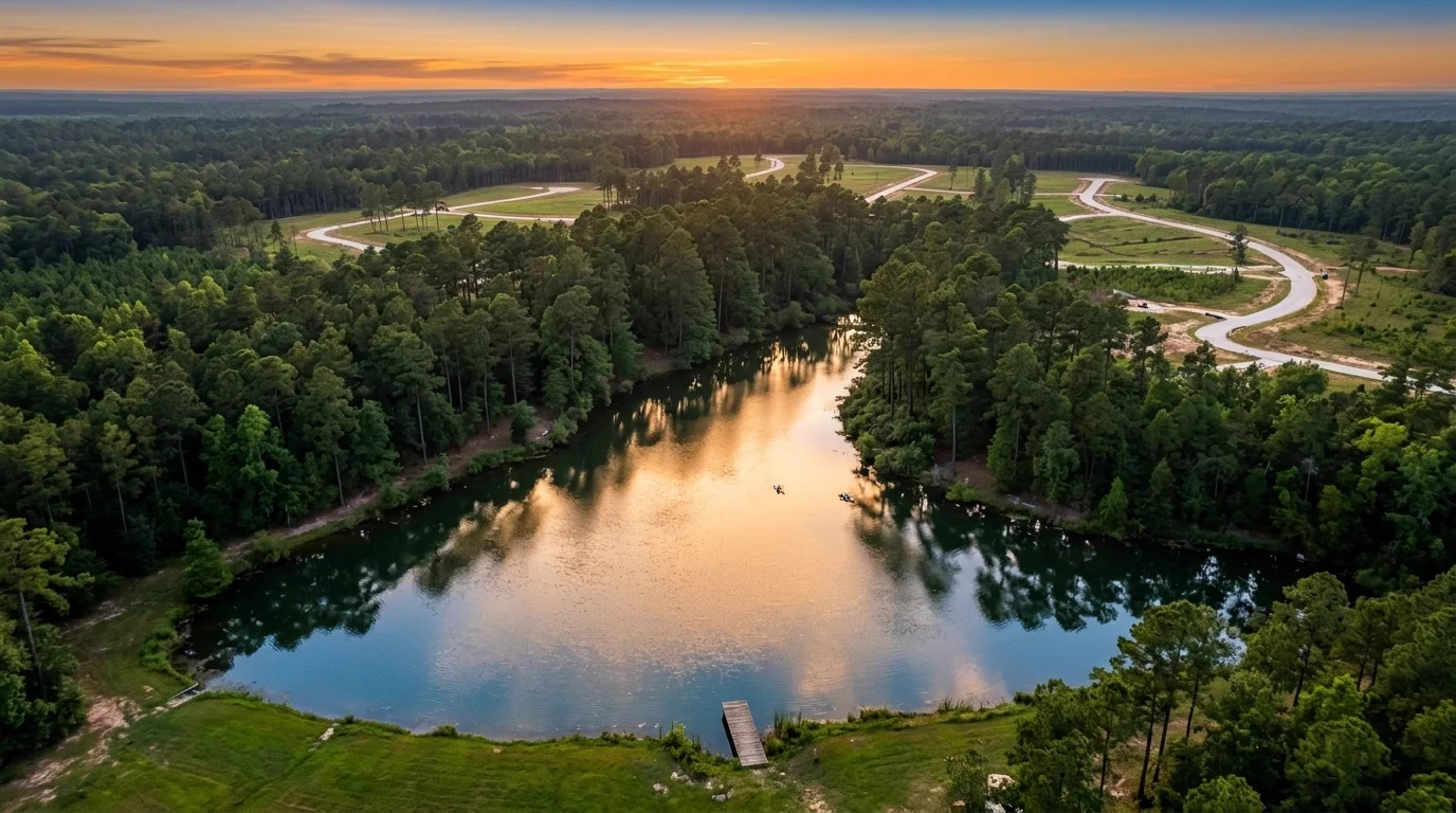 Deer Hollow Ranch 12-acre community lake and wooded acreage drone aerial