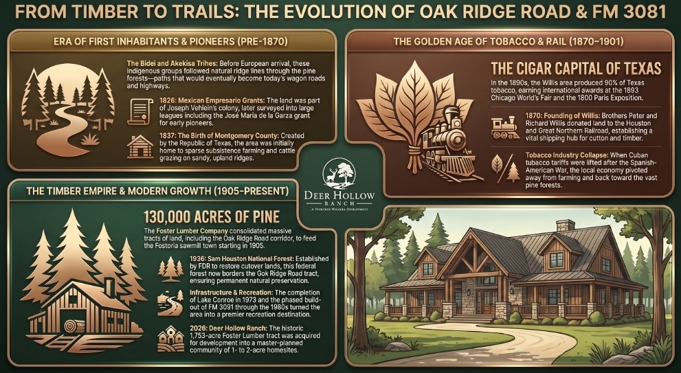 From Timber to Trails: The Evolution of Oak Ridge Road & FM 3081 - Deer Hollow Ranch Historical Timeline Infographic